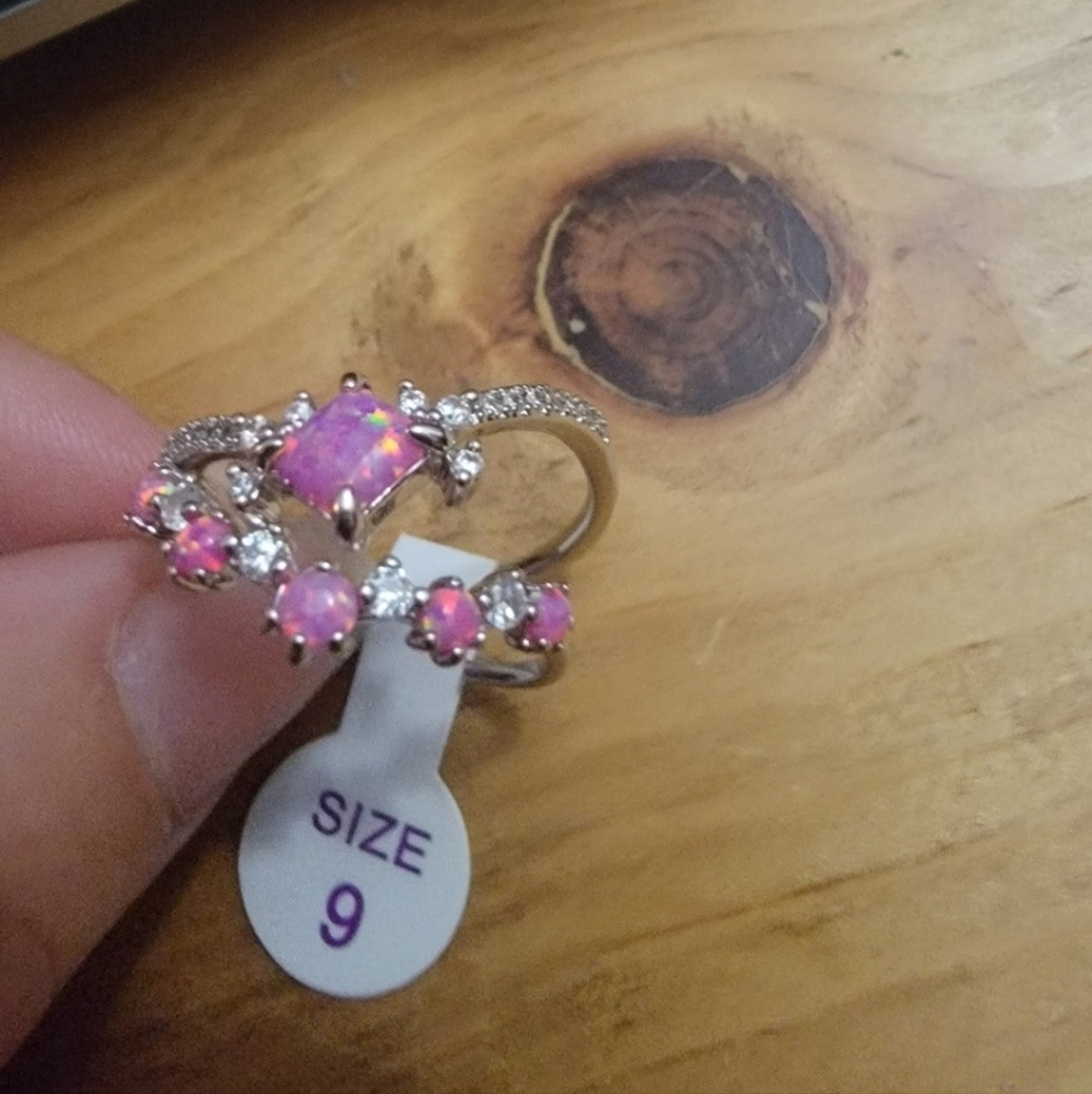 Bomb Party Ring Size 9 "Feeling a Spark" Lab created pink fire opal, Rhodium Pla
